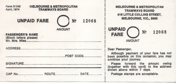 Unpaid fare form