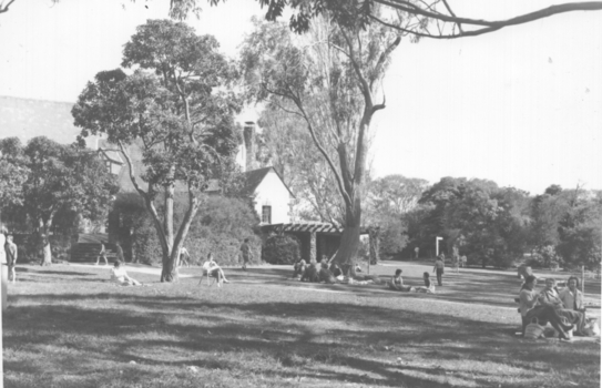 view looking across to the chalet with people picnicing