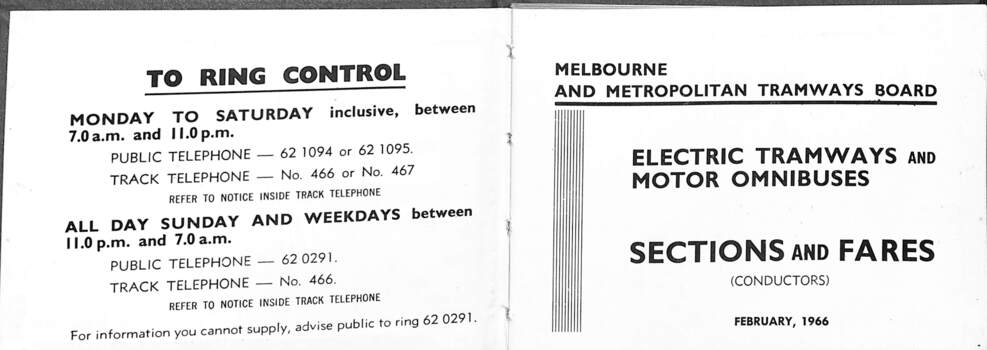 "MMTB Electric Tramways and Motor Omnibuses Sections and Fares", inside cover page