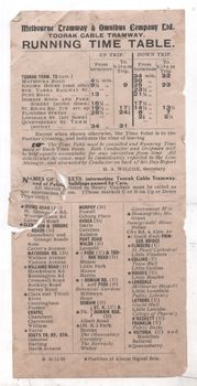 "Toorak cable tramway - running time table"