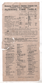 "Toorak cable tramway - running time table"