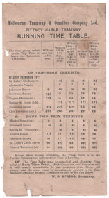 Document, Melbourne Tramway and Omnibus Co (MTOCo), "Fitzroy cable tramway - running time table"