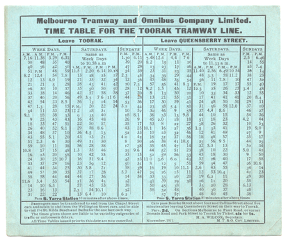 "Time table for the Toorak tramway line"