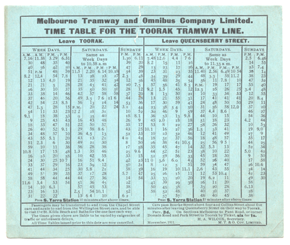 "Time table for the Toorak tramway line"