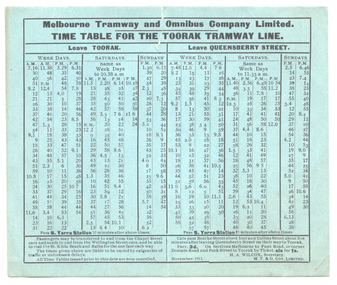"Time table for the Toorak tramway line"