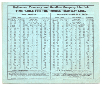 "Time table for the Toorak tramway line"