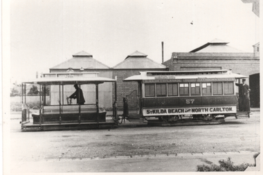 Cable tram at Rathdowne St car house or depot.