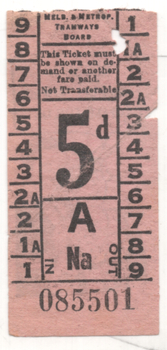 Pink 5d tram ticket with Bushells Coffee advert,