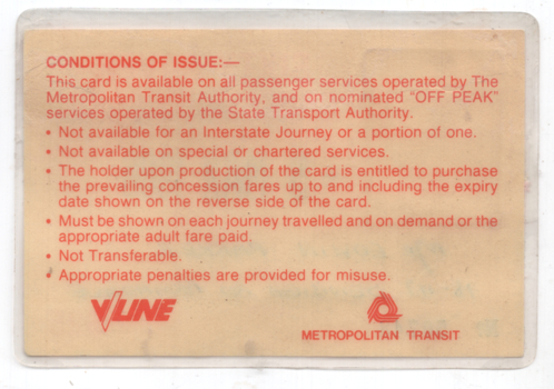 "Sixty Plus Concession Card" rear