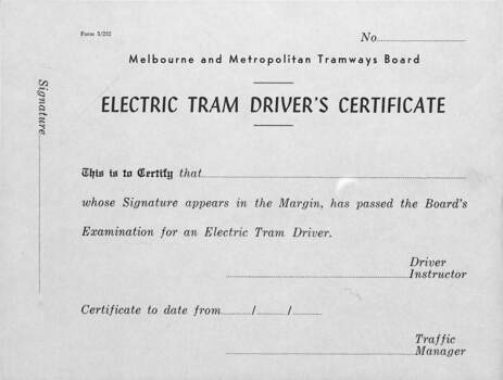 Form - "Electric Tram Driver's Certificate"