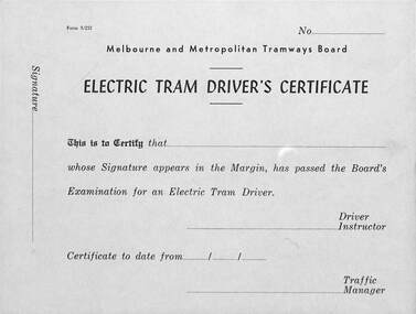 Form - "Electric Tram Driver's Certificate"