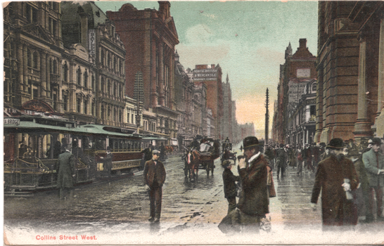 "Collins Street West" - coloured postcard view