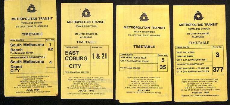 Timetables - Metropolitan Transit - set of 22 - sheet 1 of 6