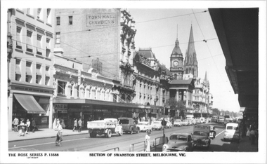 Postcard, Rose Stereograph Co, "Section of Swanston Street Melbourne", mid 1950s