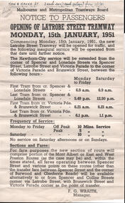 Document, Melbourne & Metropolitan Tramways Board (MMTB), "Opening of LaTrobe Street Tramway", Jan 1951