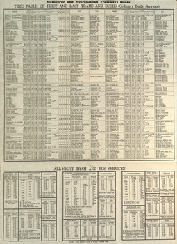 "Timetable of first and last trams and buses also All-night and Sunday morning services"