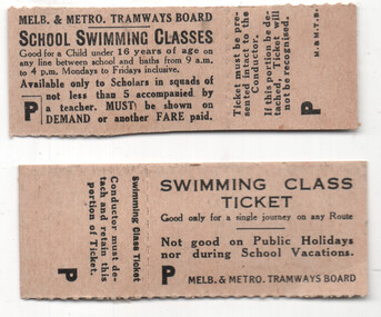 Ephemera - Ticket/s, Melbourne & Metropolitan Tramways Board (MMTB), "Swimming Class Ticket", 1940s?