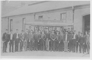 Dummy and staff outside Brunswick Car Shed