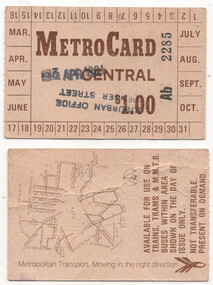 Ephemera - MetroCard - Central $1.00, Ministry of Transport, 4/1981