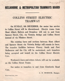 Document, Melbourne & Metropolitan Tramways Board (MMTB), "Collins Street Electric Tramway", Dec. 1929