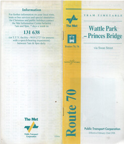Ephemera - Timetable - route 70 - Wattle Park - Princes Bridge, The Met, 2/1998