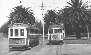 Photograph - T class tram 177 and W2 606 - Dandenong Road, c1960