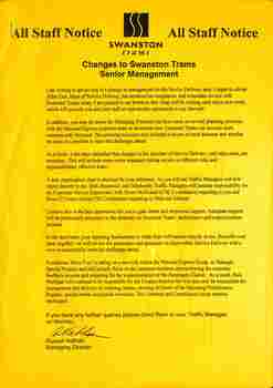 'Changes to Swanston Trams Senior Management'
