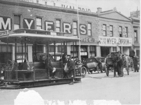 Cable tram dummy outside Myer Lonsdale Street premises.