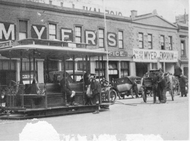 Cable tram dummy outside Myer Lonsdale Street premises.