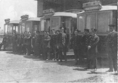 Tram crews and tram cars at first Preston Depot
