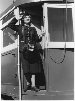 Actor Megan Williams as conductress Alice Sullivan