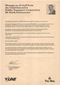 A memo from the Chief Executive of Public Transport Corporation to all staff, announcing changes in public transport services and operational efficiencies due to the State Government's 1989 budget.