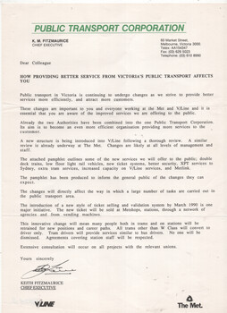 Letterhead from the Public Transport Corporation, detailing how providing better service in Victoria's public transport affects the public.