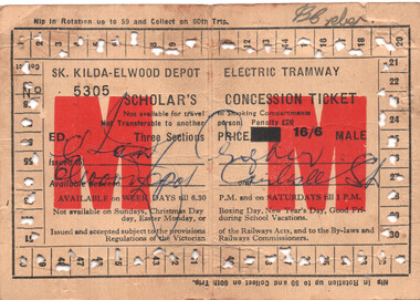 Ephemera - VR St Kilda Brighton Scholars ticket, Victorian Railways (VR), late 1950s