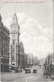 Postcard, "Bourke Street Melbourne towards Parliament House", c1910
