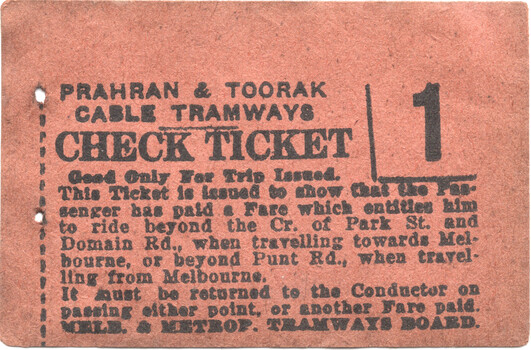 Prahran & Toorak cable tramways - Check ticket