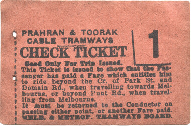 Prahran & Toorak cable tramways - Check ticket