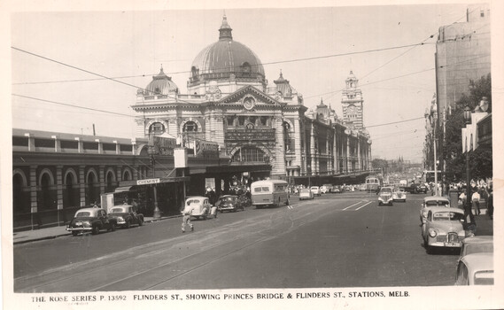 "Flinders St showing Princes Bridge & Flinders St stations"