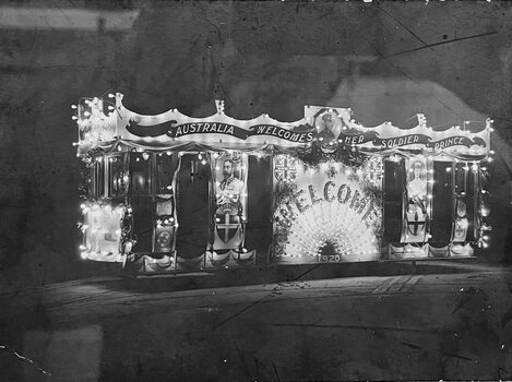 Decorated tram - Prince of Wales Visit - night photo