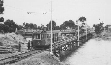One of the first trams across Maribyrnong River bridge.