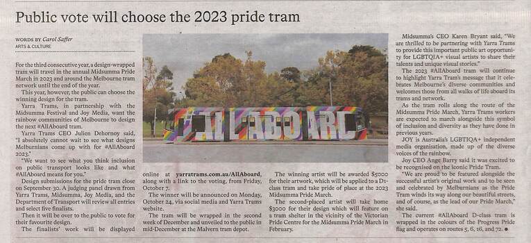 Image displayed is the 2022 #AllAboard D-class tram.