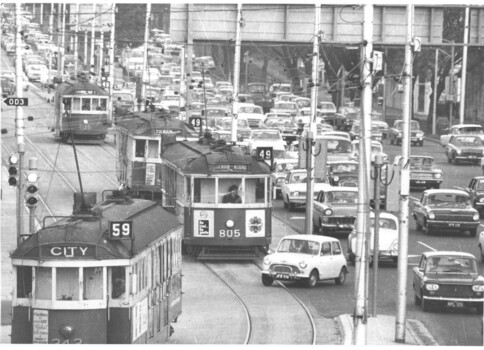 Trams on Mount Alexander Rd. near Flemington Bridge, c. 1960s