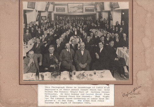 A large group of men in formal attire seated at tables in a hall, likely for an annual dinner. A caption at the bottom identifies the event as the Cable Tram Employee's Annual Dinner held at the Masonic Temple Hall in Collins Street, Melbourne, on December 8, 1925.