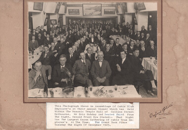 A large group of men in formal attire seated at tables in a hall, likely for an annual dinner. A caption at the bottom identifies the event as the Cable Tram Employee's Annual Dinner held at the Masonic Temple Hall in Collins Street, Melbourne, on December 8, 1925.