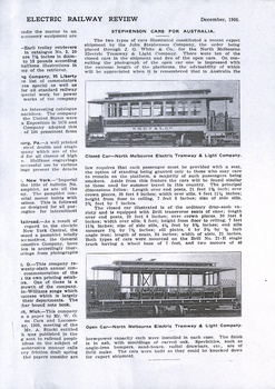 An article about electric tramcars for the North Melbourne Electric Tramway & Light Company, labeled "NMET & CO." from New York.
