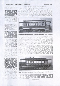 An article about electric tramcars for the North Melbourne Electric Tramway & Light Company, labeled "NMET & CO." from New York.