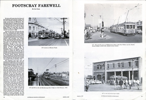 Vintage black and white photographs depict trams in Footscray, Melbourne, Australia, accompanied by text about their farewell.