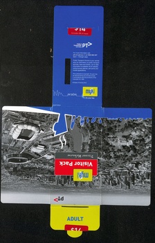 Myki Visitor Pack for Public Transport Victoria, featuring a "$14 Includes $8 of travel" sticker, a map-like graphic of Melbourne with landmarks, and an "ADULT" ticket.