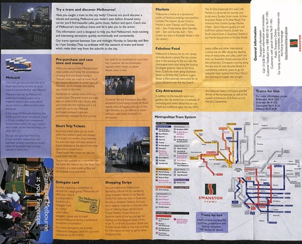 Brochure advertising Melbourne's tram system, featuring a map, information on ticketing, attractions, and tram hire - Swanston trams.