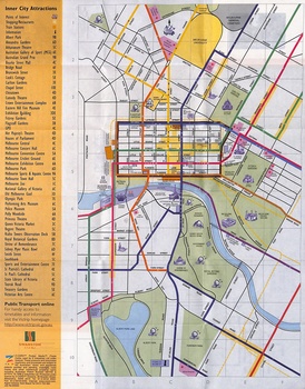 Map of central Melbourne, Australia, detailing Inner City Attractions, including points of interest, shopping, restaurants, and train stations, with a grid reference system for navigation.